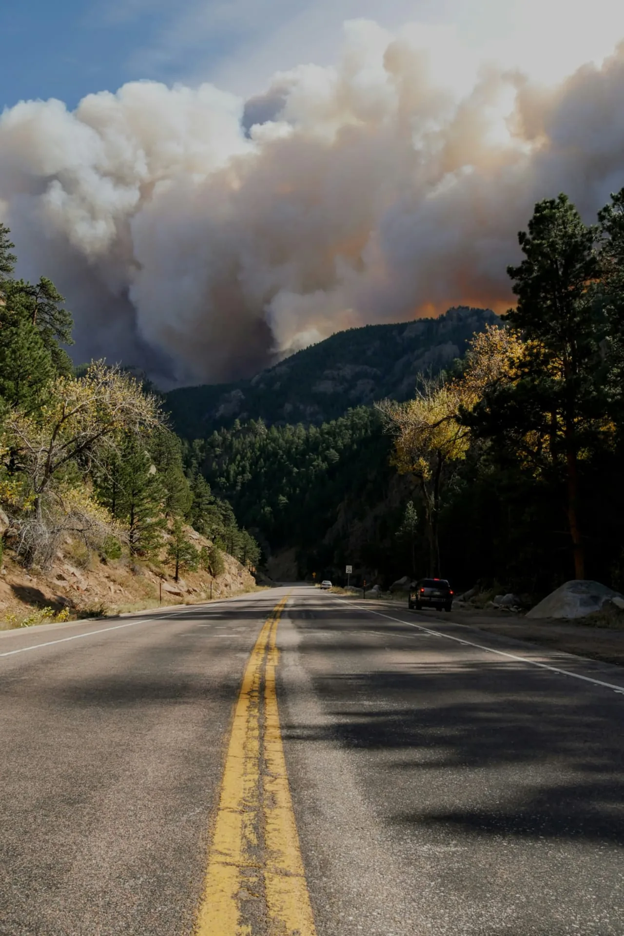 Vehicles on a canyon road as a wildfire smoke column rises ahead